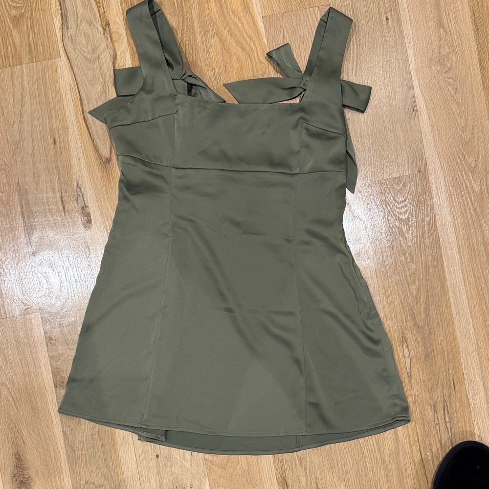 Urban Outfitters Khaki Sleeveless satin dress with bow straps